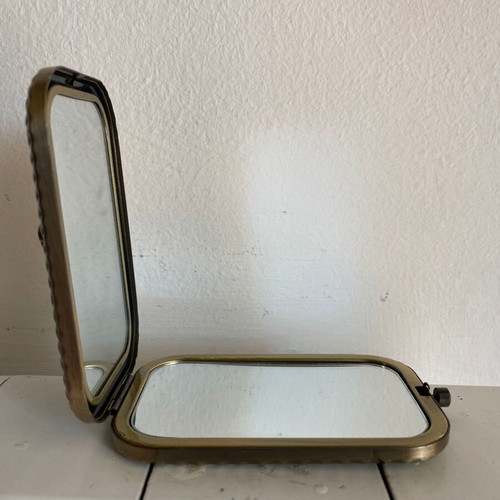 Portable mirror with copper case and enamelled lid, new