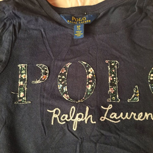 Polo kids t shirt dark blue with letters and flowers, very breathable fabric