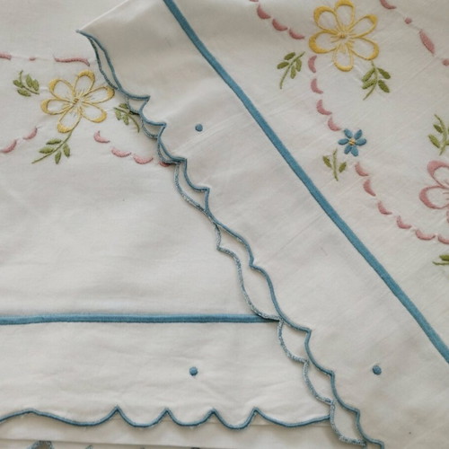 Handmade Double Bed Sheet Set with Pillowcases, Floral Embroidery, Like New