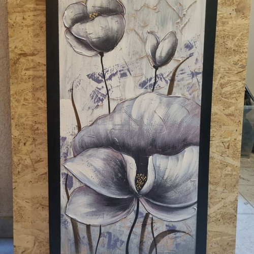 Painting with embossed flowers in purple-silver and black like new