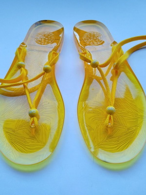 See By Chloe yellow jelly sandals with adjustable wrap ties, size 38