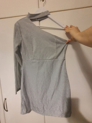 Silver short dress with one sleeve and choker neck, new