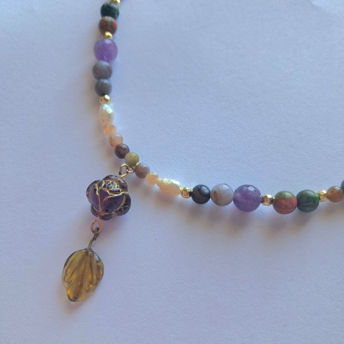Dance of Nymphs handmade necklace with amethyst, aquamarine and agate steel new, multicolor