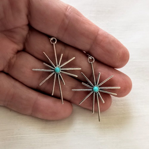 Boho hanging sun and star earrings new, silver with turquoise stone
