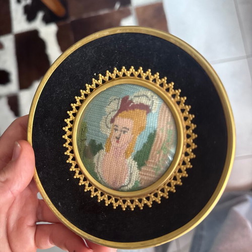 Needlepoint portraits set vintage, brass ornate frames, rococo style