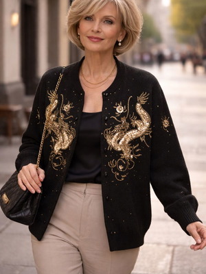 Vintage handmade wool cardigan with sequins like new, black and gold