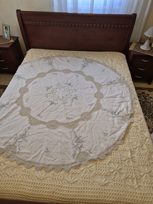 Linen round tablecloth white machine and hand made new