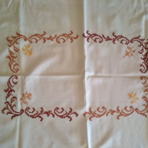 Embroidered handmade tablecloth used, beige with rose design
