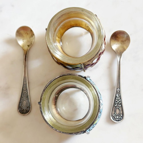 Bowls for caviar or salt used, handmade enamel Hommet 1950s