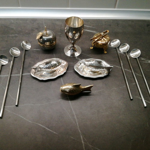 Serving set used, 14 pieces, silver-plated and gilded
