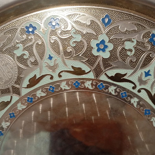 Vintage serving tray and fondue set with cloisonné enamel, like new