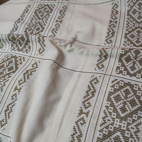 Cretan woven tablecloth new, ecru with khaki-gold patterns