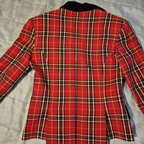 Manolo red plaid jacket with black velvet collar and pockets