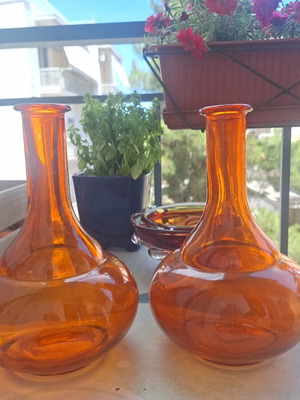 Vintage Empoli Glass Carafes Pair Orange Mid-Century Decorative Bottles