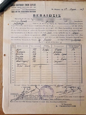 Certificate of Piraeus Union of Large Families 1945