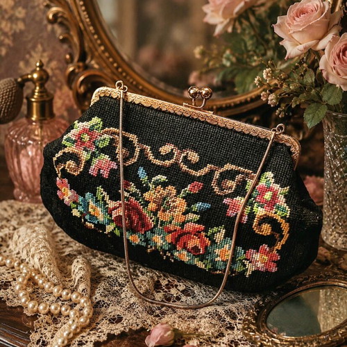 Vintage Handbag 1950 with Petit Point Embroidery like new, black