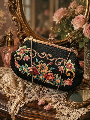 Vintage Handbag 1950 with Petit Point Embroidery like new, black