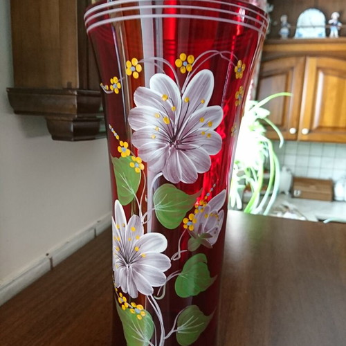 Bohemia Vase Ruby Glass with Enamel Flowers Like New