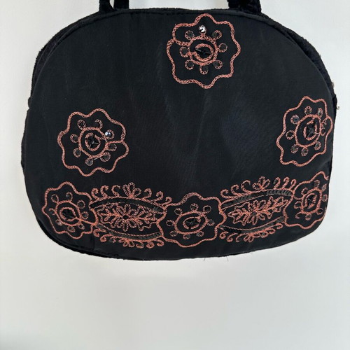 Velvet shoulder bag new, black with embroidery and zipper