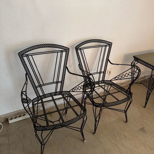 Outdoor set table and 3 ferforje metal chairs with cushions used