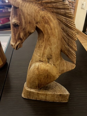 Handmade wooden horse sculpture in natural olive finish like new