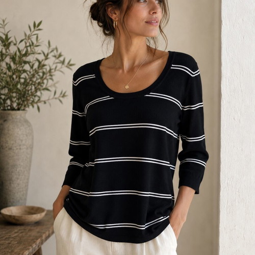 H&M black blouse with white stripes like new, 3/4 sleeves, size XXXL