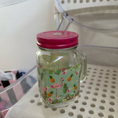 Glass jar with flamingo and straw lid new