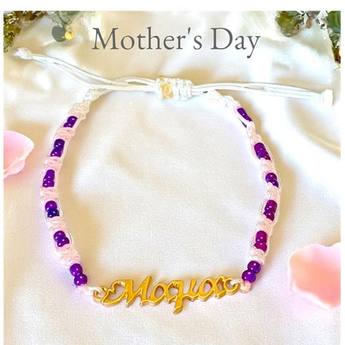 Handmade macrame bracelet "Mama" with cotton thread and lilac beads new