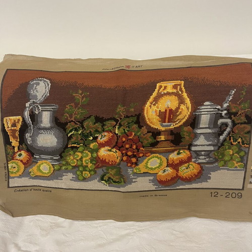 Gobelin textile painting like new, 73 x 40 cm, fruit and lamp design