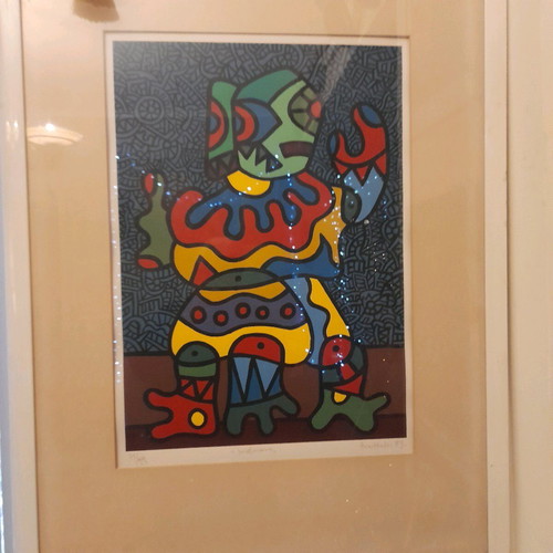 Alexis Akrithakis woodcut print like new, signed, framed