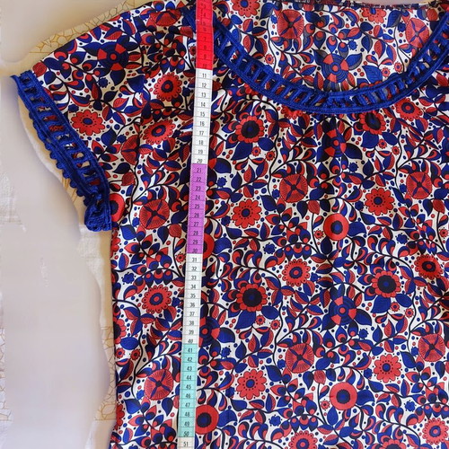 Blouse used, size S, thin fabric with blue trim on sleeves and neck