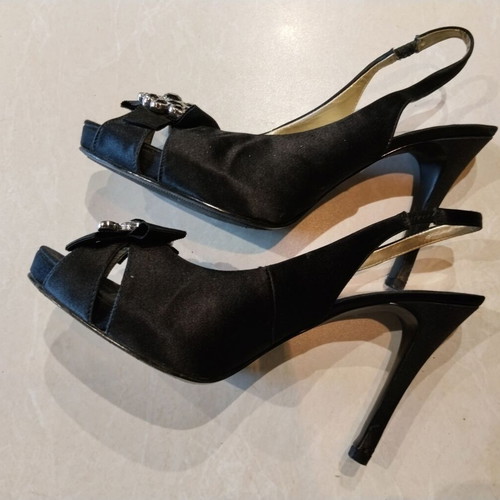 Nine West black fabric sandals with decorative buckle, 12cm heel