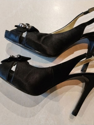Nine West black fabric sandals with decorative buckle, 12cm heel