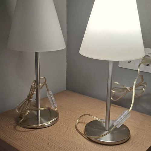 Viokef table lamps like new, white glass and inox, height 42 cm