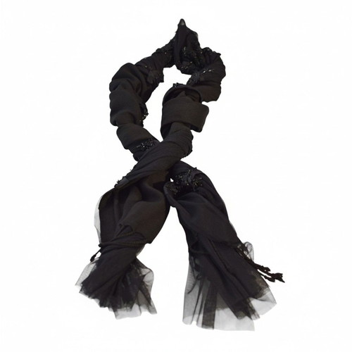 Vintage black silk chiffon scarf with bead embroidery used