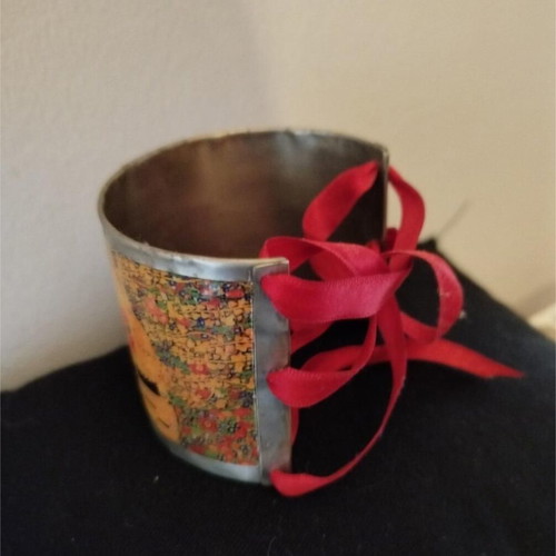 Bracelet cuff used "The Kiss" handmade with red ribbon