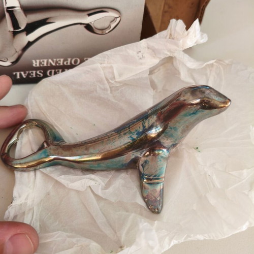 Vintage 1980s Silverplated Seal Bottle Opener new in packaging