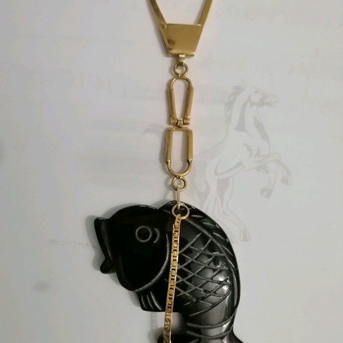 Gold keychain with genuine onyx fish design K14 used, rare 1960s