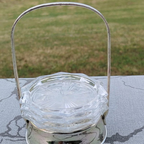 Vintage base with 3 glass coasters like new, 1970s