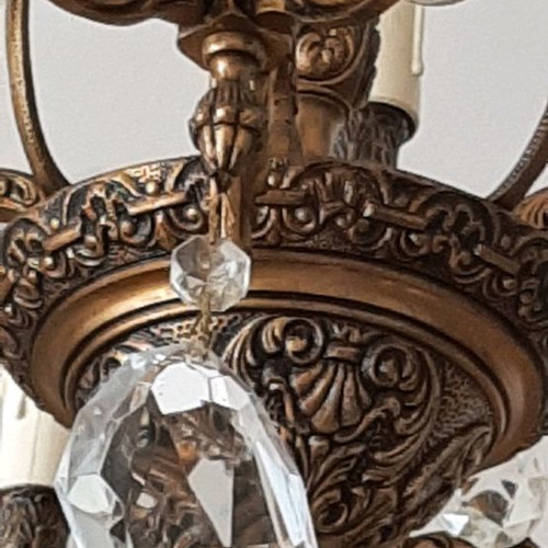 Bronze chandelier used with multiple crystals, vintage 70's from USA