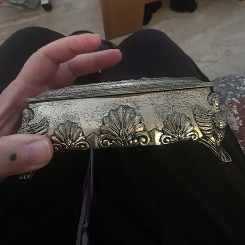 Japanese Metal Jewelry Box used, 1950s, velvet interior