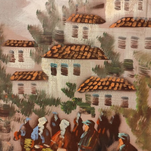 Oil painting on canvas used with traditional Greek scene