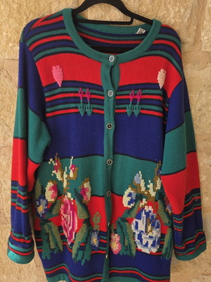 Vintage 80s/90s Floral Crazy Pattern Knit Cardigan Sweater, colorful retro