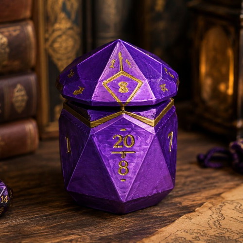 D20 Fantasy Dice Box new, purple and gold, 3D printed