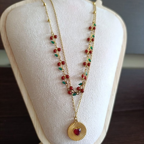 Stainless Steel Necklace with Cherries and Heart like new, red and gold