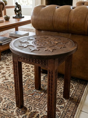 Wooden stool with carved decoration, used solid wood side table