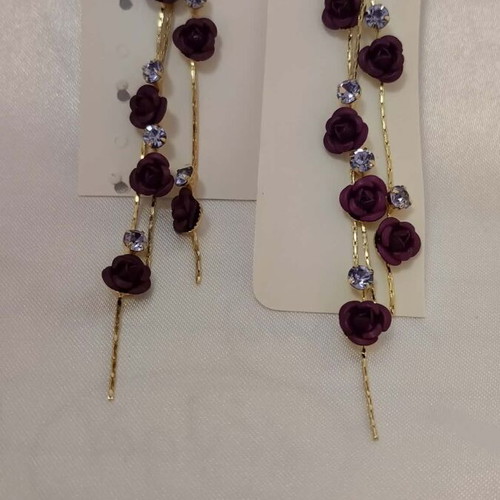 Fashion earrings with rose petals and rhinestones new, purple and gold