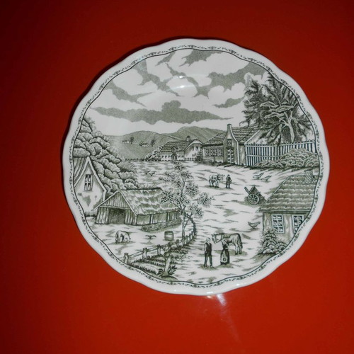 Vintage plate used ''Swiss Landscape'' green, 20 cm diameter