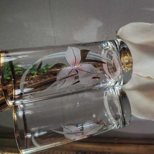 Vintage highball glass with gold rim and orchid decoration, 200 ml