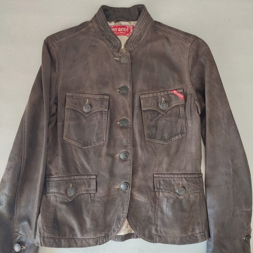 My Godi women's leather jacket, military style, brown, vintage